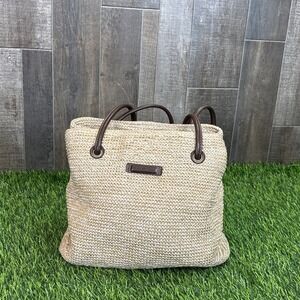 Vintage Y2K Connections Straw Raffia Woven Shoulder Bag Brown Leather Trim Boho